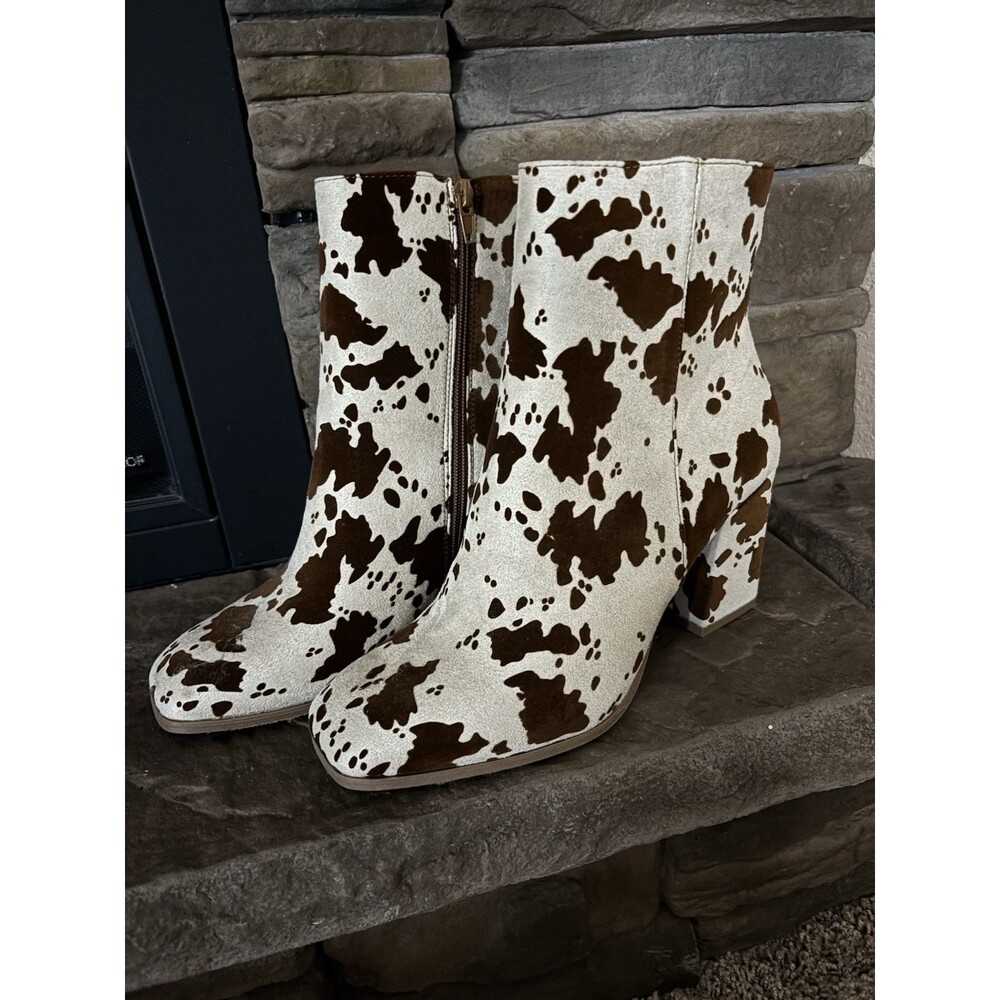 Pierre Dumas Boot Women's 10  Faux Cow Print Block Heel Zipper